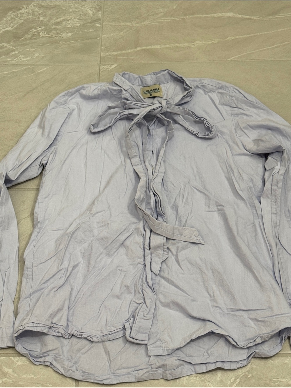 Compañía Fantástica Light Blue Tie-Neck Button Down Top Minimalist Classic